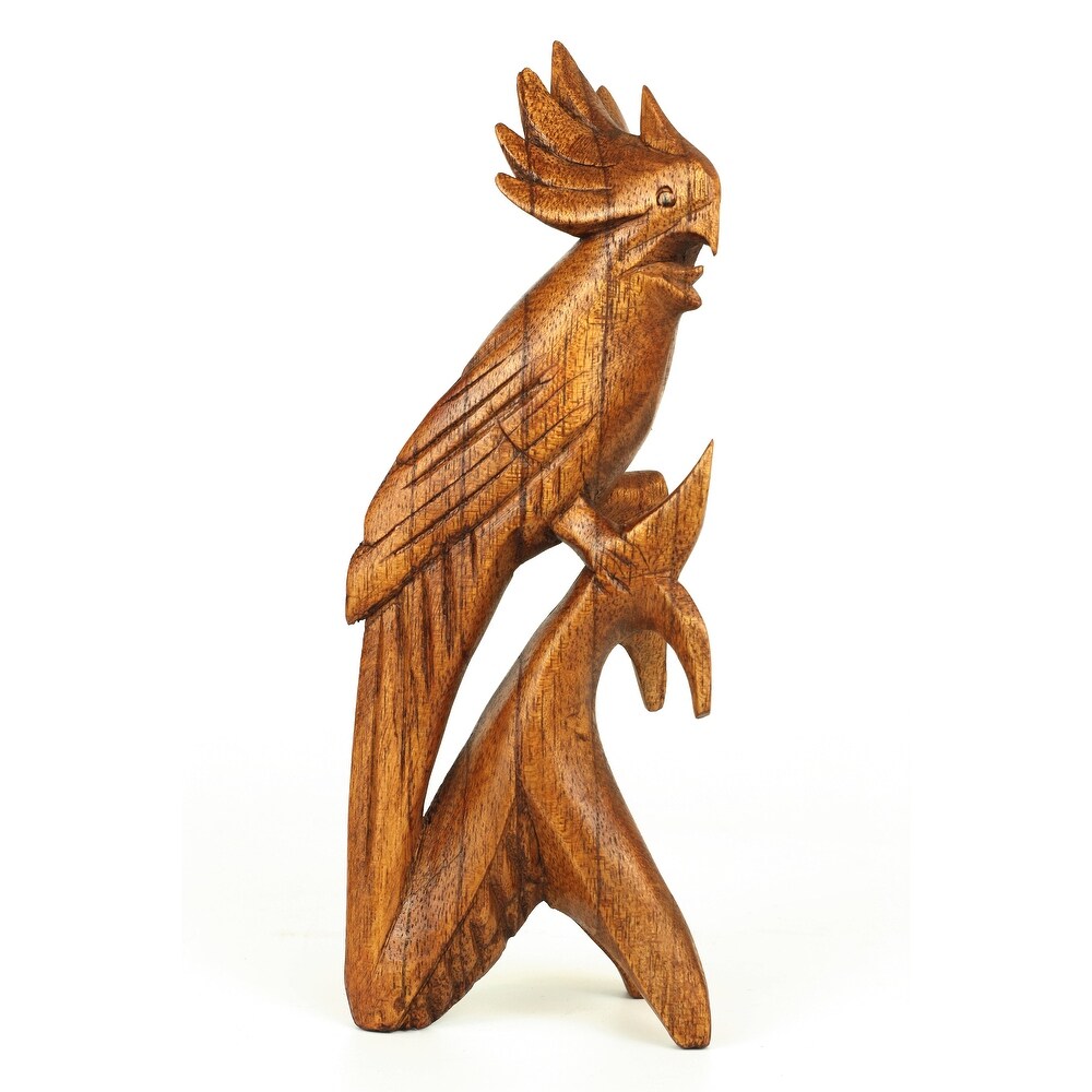 Wooden Hand Carved Cockatoo Parrot Bird Statue Figurine Sculpture Art Decorative Rustic Home Decor Accent Handmade Gift