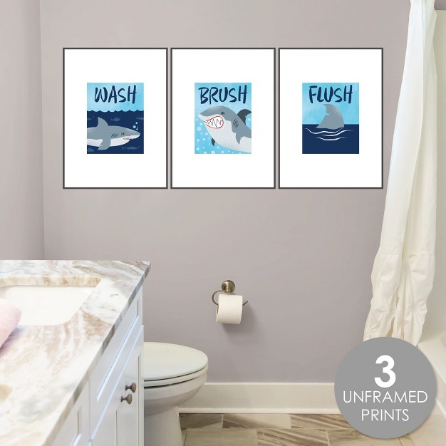 Big Dot Of Happiness Shark Zone Unframed Wash Brush Flush Jawsome Shark Bathroom Wall Art 8 X 10 Inches Set Of 3 Prints