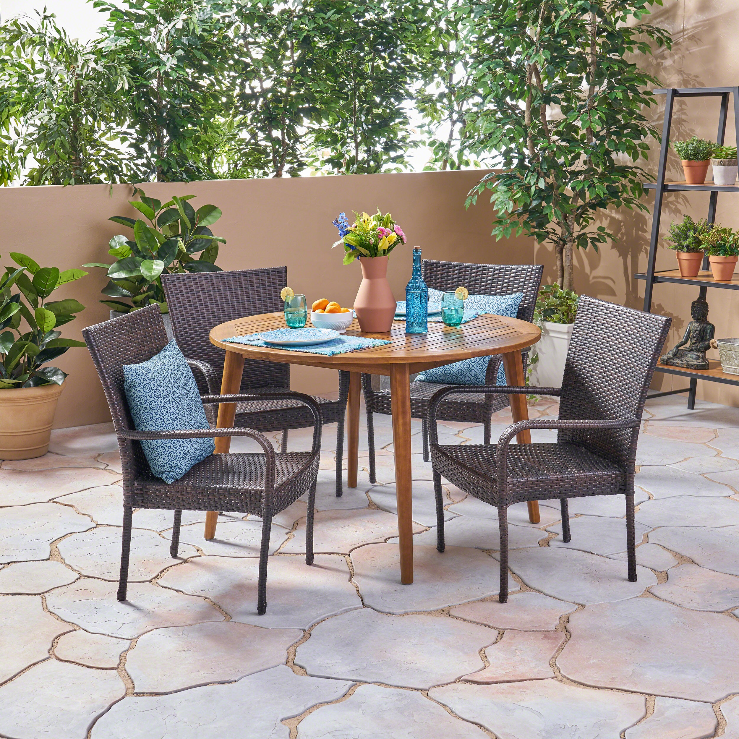 Ivey Outdoor 5 Piece Wood and Wicker Dining Set