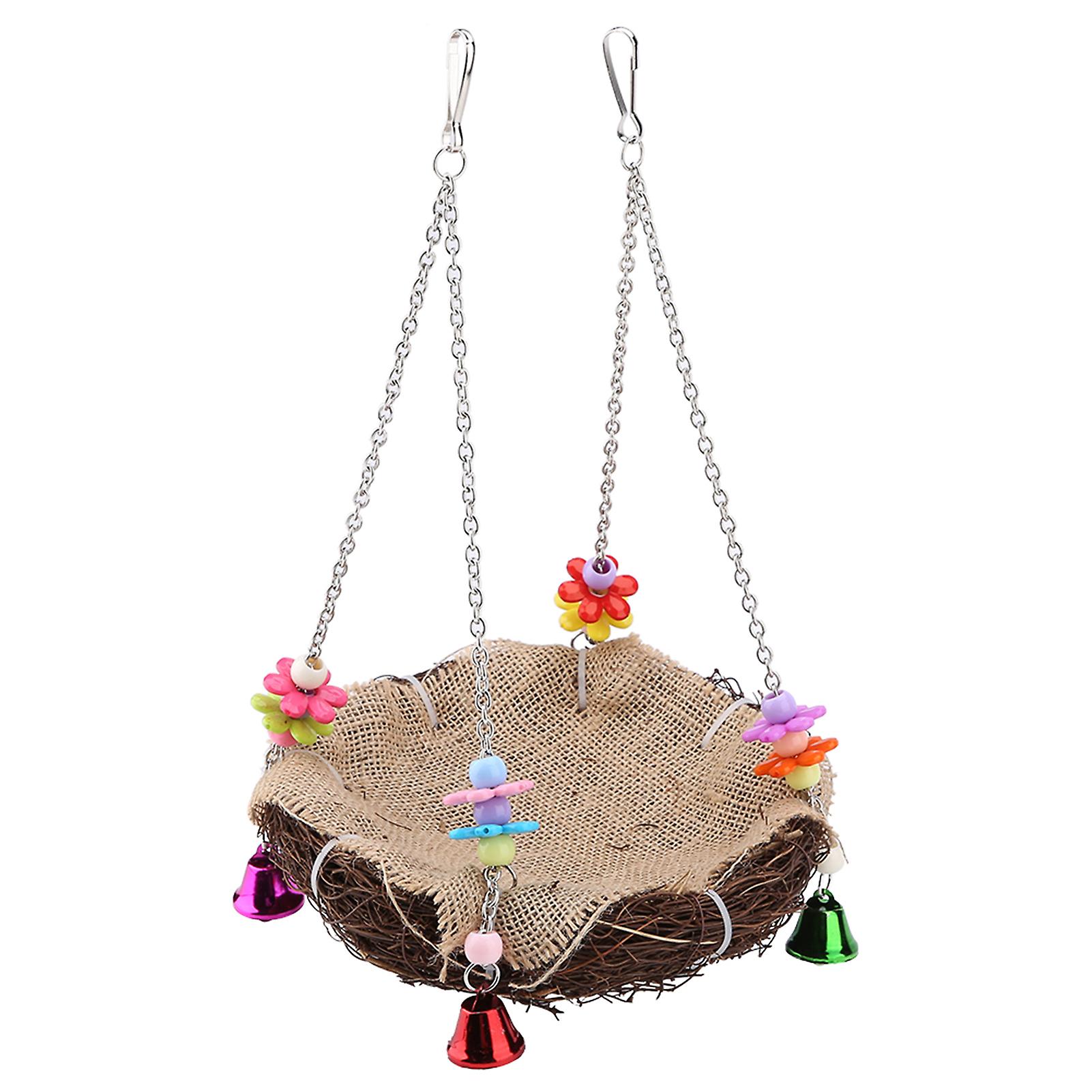 Rattan Nest Bird Hanging Nest Toy With Bells Bird Swing Standing Perch Toy Cage Hammock(l)