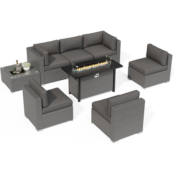 8Piece Outdoor Patio Furniture Grey Wicker Sectional Sofa Set with Fire Pit Table