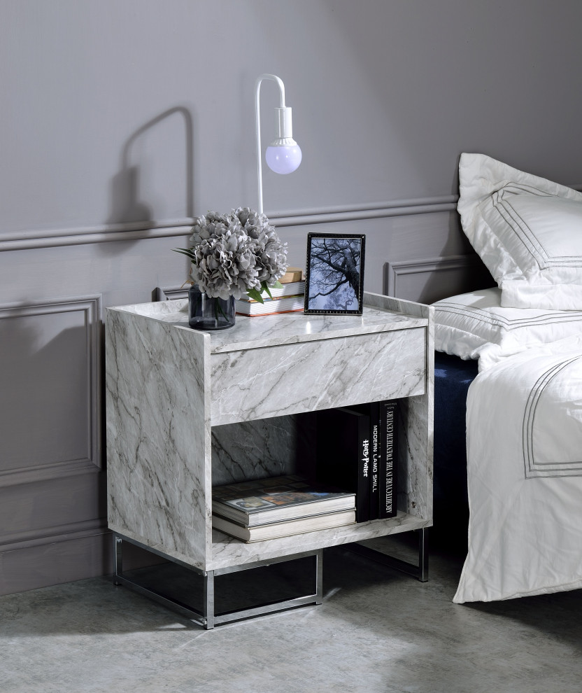 Azrael Accent Table  White Printed Faux Marble and Chrome Finish   Contemporary   Side Tables And End Tables   by Acme Furniture  Houzz