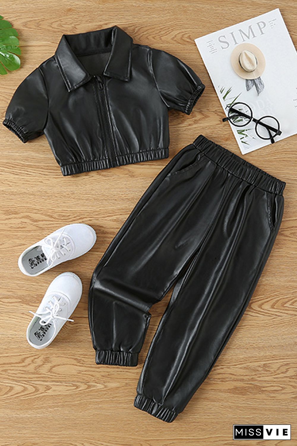 Black PU Open Zipper Crop with Joggers 2pcs Pant Set