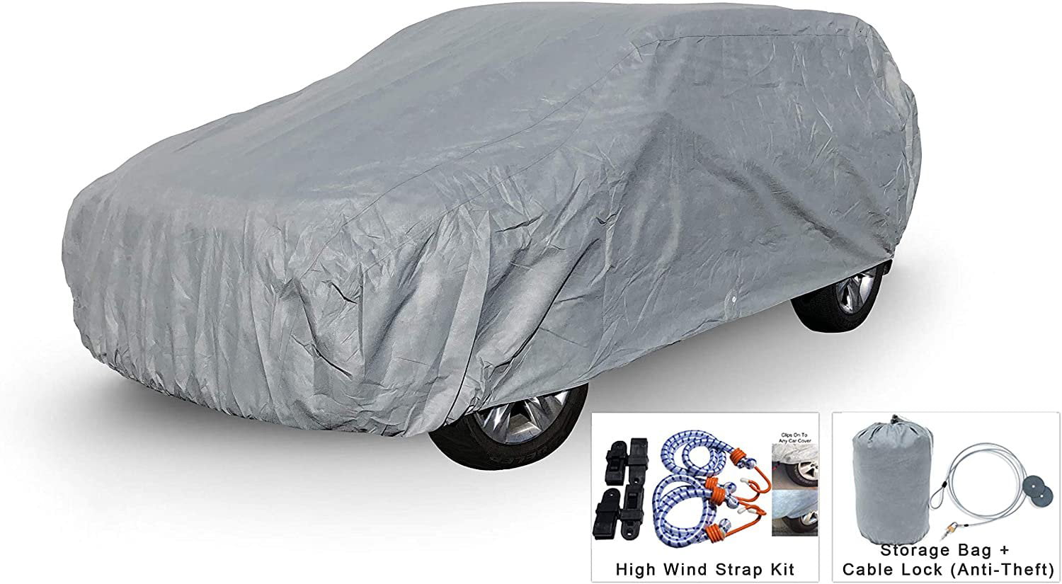 Weatherproof SUV Car Cover Compatible with Jeep Wrangler Unlimited 4 Door 2004-2006 - 5L Outdoor and Indoor - Protect from Rain， Snow， Hail， Sun - Theft Cable Lock， Bag and Wind Straps