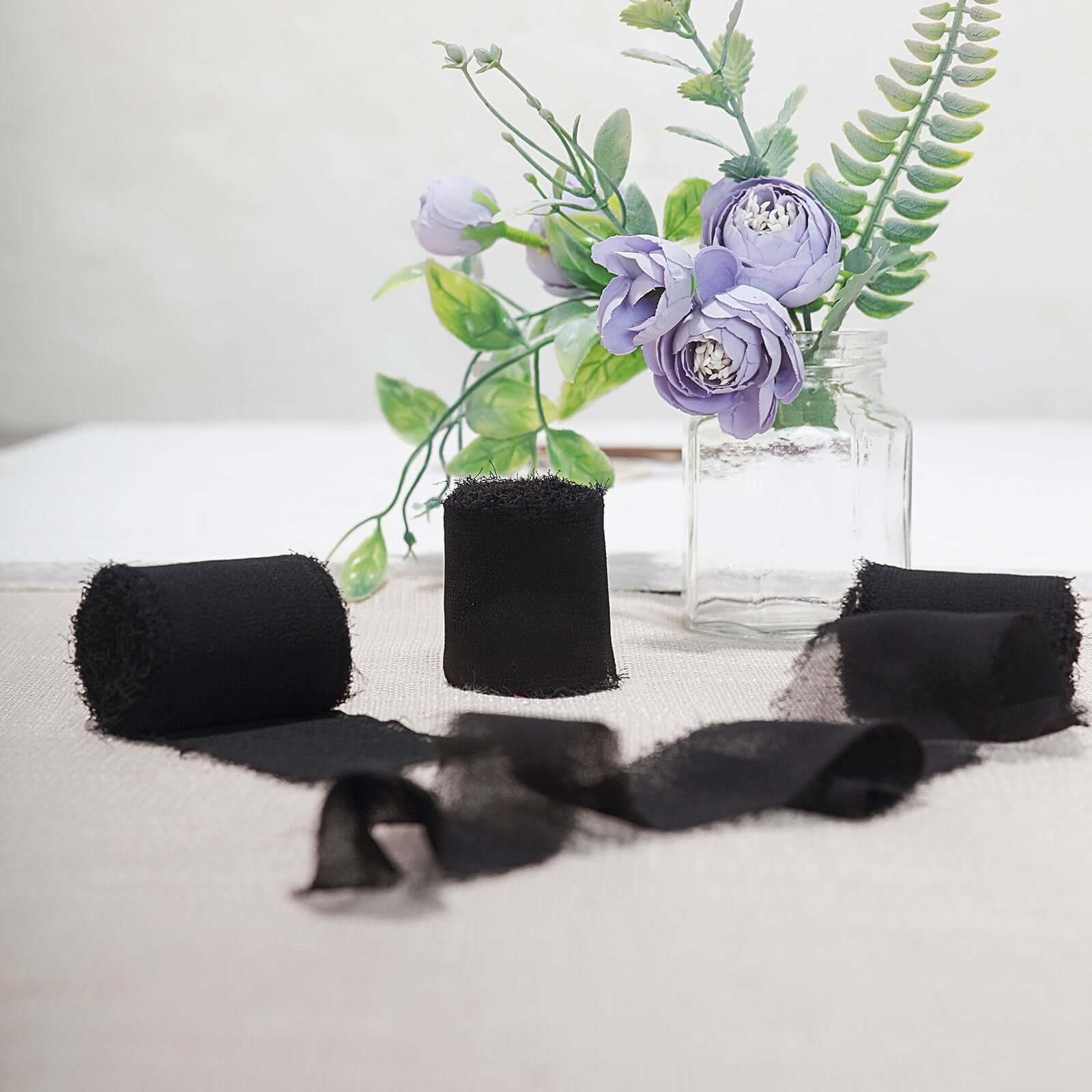 2 Pack Black Silk-Like Chiffon Linen Ribbon Roll For Bouquets, Wedding Invitations Gift Wrapping 6yd