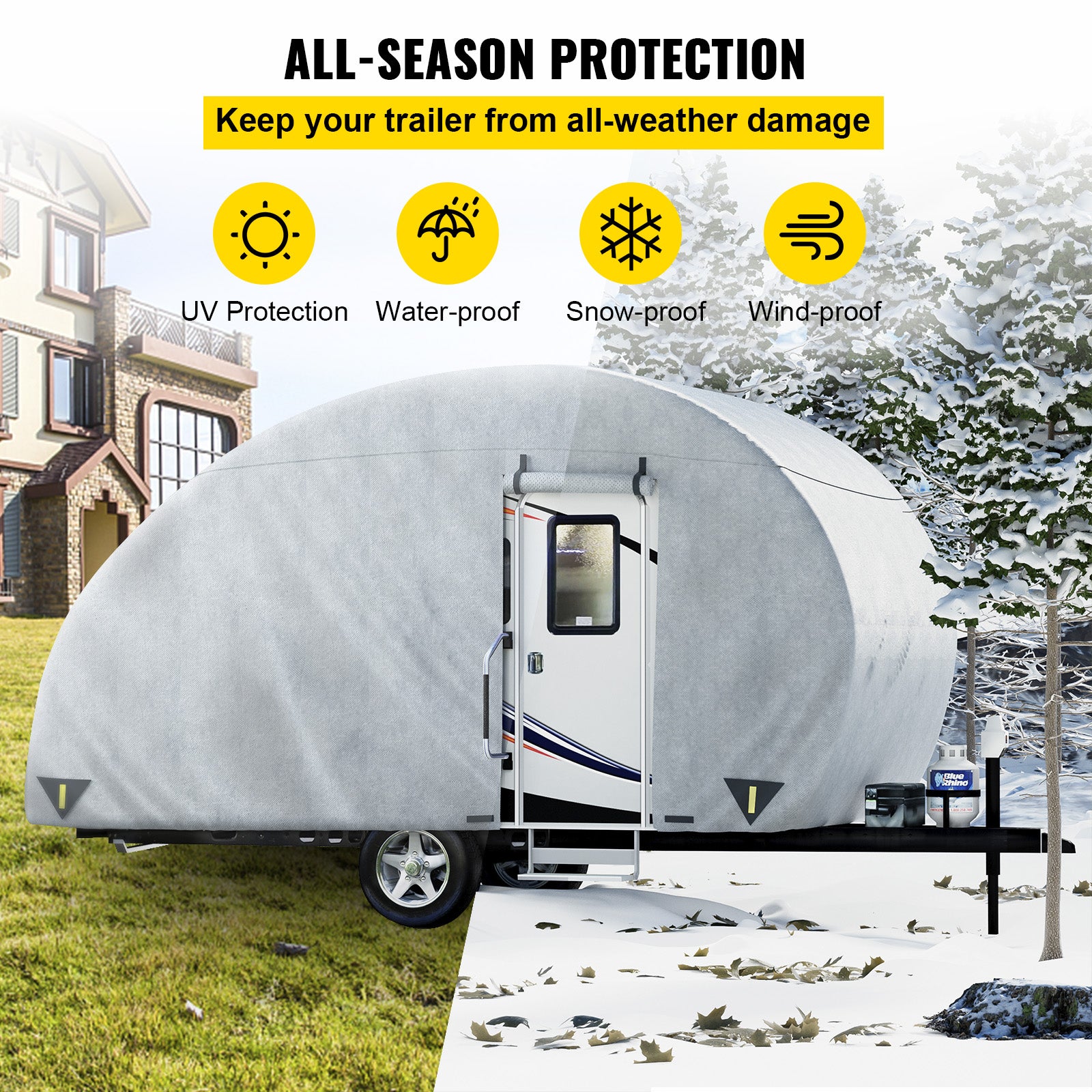 VEVOR Teardrop Trailer Cover， Fit for 16' - 18' Trailers， Upgraded Non-Woven 4 Layers Camper Cover， UV-proof Waterproof Travel Trailer Cover with 2 Wind-proof Straps and 1 Storage Bag