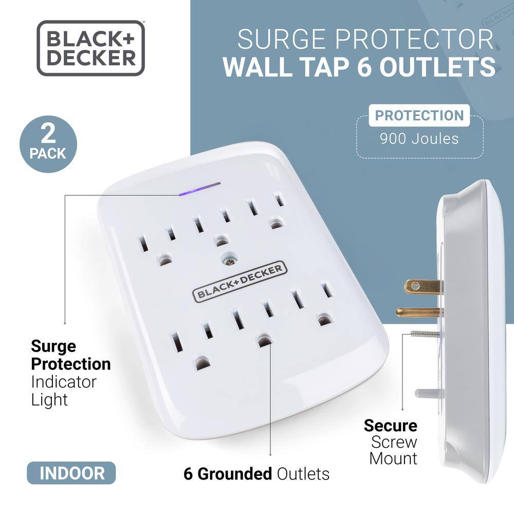 BLACK+DECKER 6 Grounded Outlets Surge Protector Wall Mount with Sleek Power Adapter Tap (2-Pack) BDXPA0040