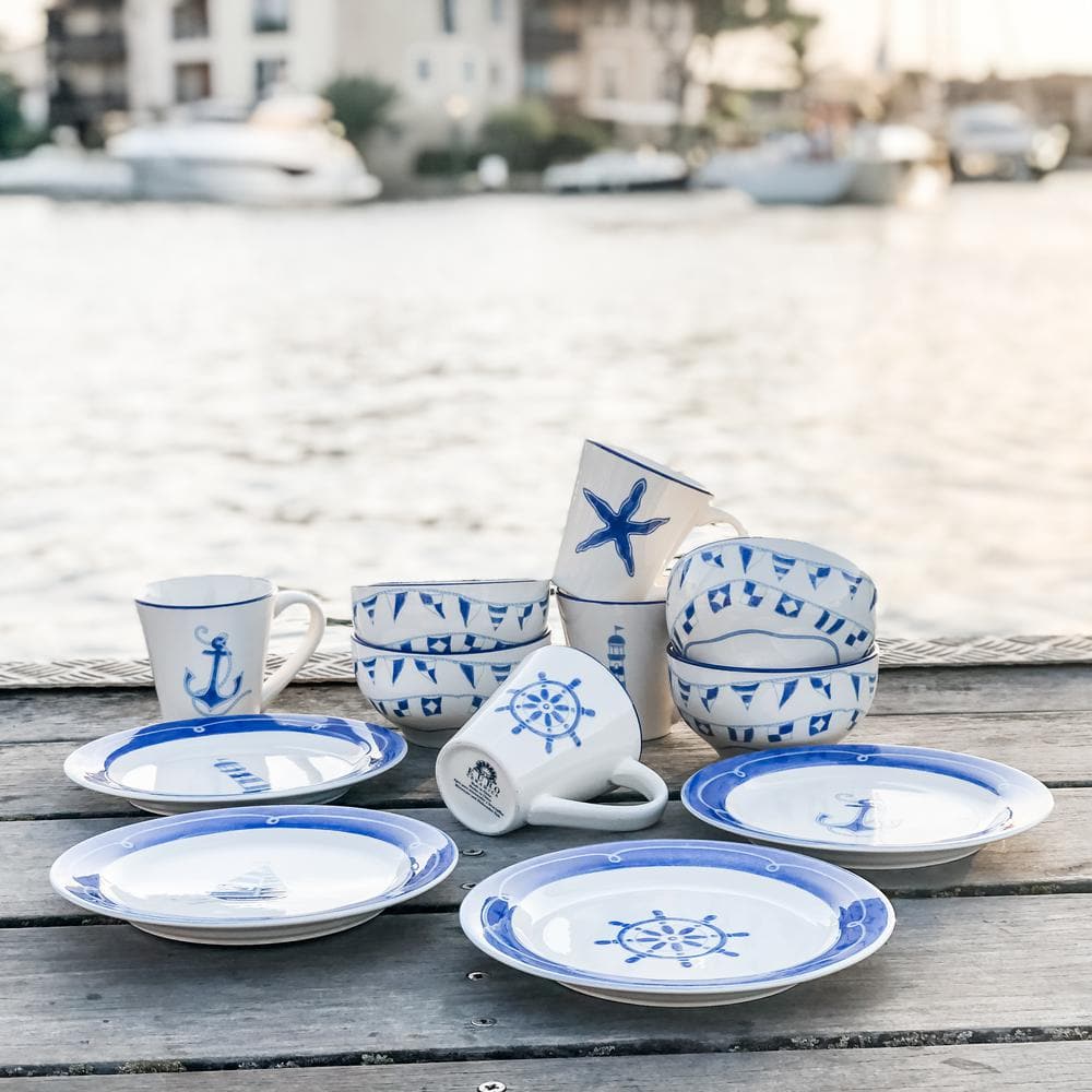 Euro Ceramica Ahoy Blue/White Stoneware 12-Piece Dessert Set (Service for 4) AHO-86001