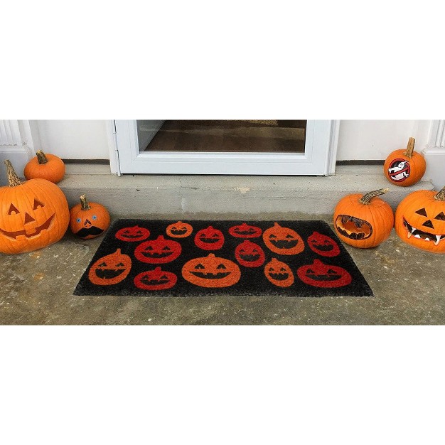 Pumpkin Estate Rectangle Indoor And Outdoor Coir Door Welcome Mat Orange Pumpkins On Black Background