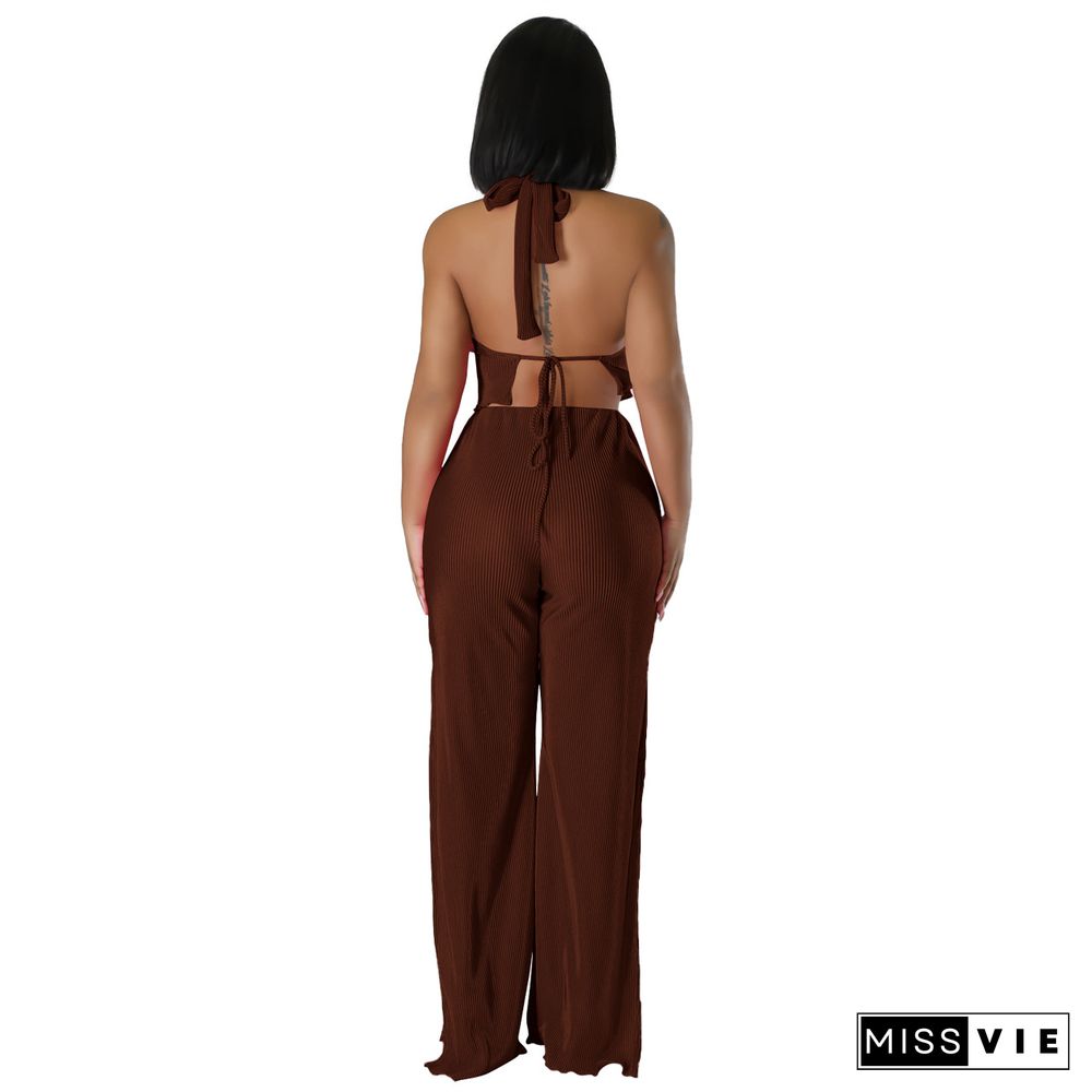 Halter Backless Crop Tops Wide Leg Pants Set