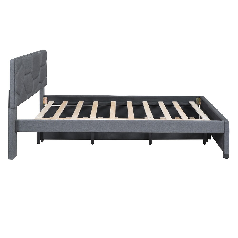 Queen Size Upholstered Platform Bed with Linen Fabric Brick Pattern Headboard and Twin XL Size Trundle Bed Frame