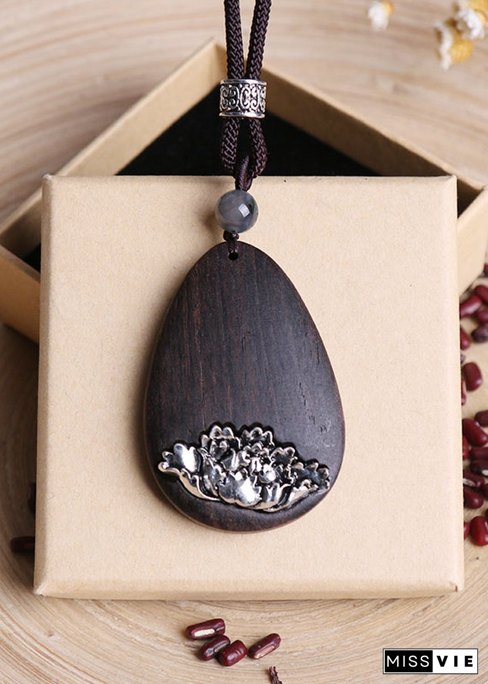 Art Black Alloy Black Sandalwood Peony Pendant Necklace