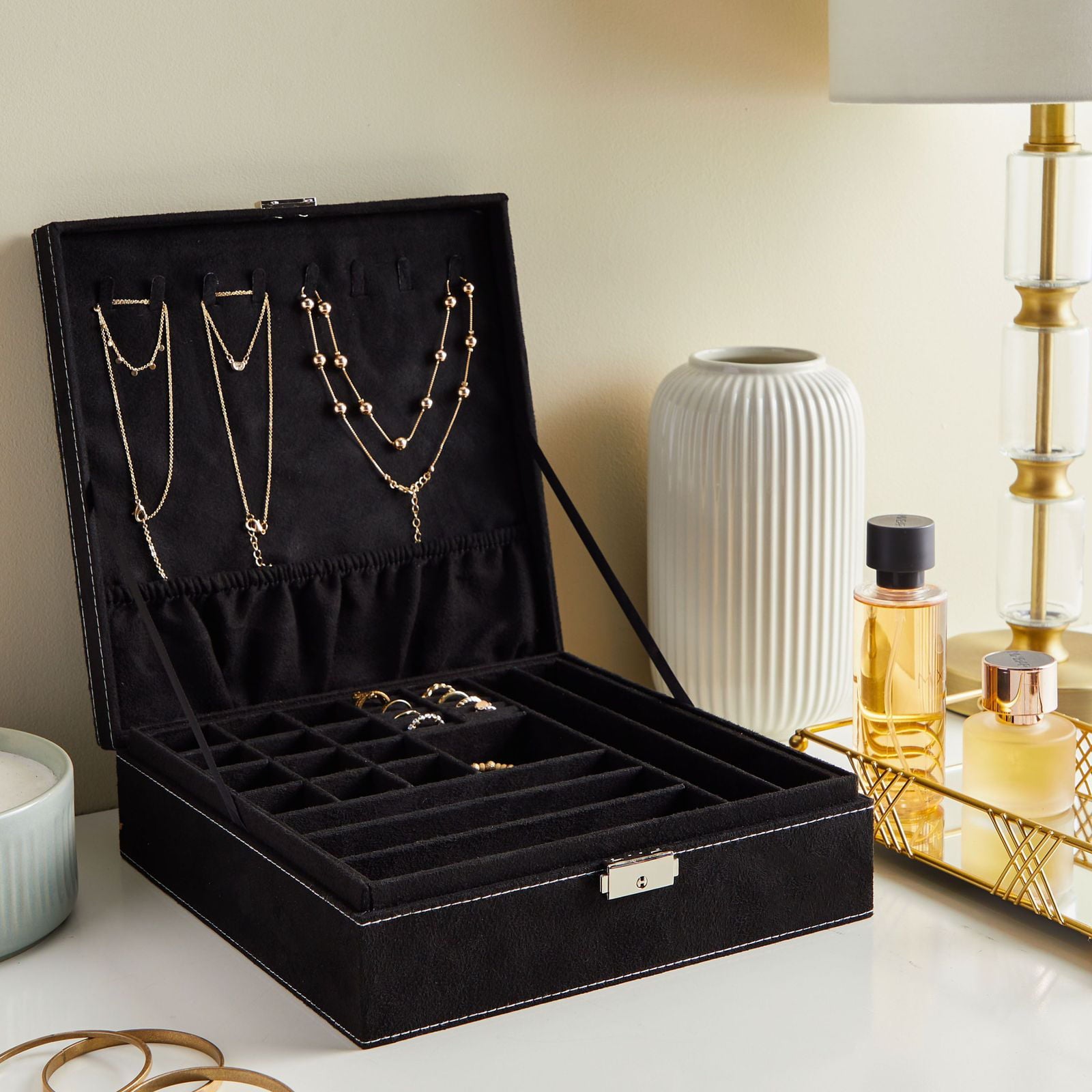 Black Jewelry Box with Lock and Key, 2 Layer Travel Display Case and Storage Organizer with Removable Tray for Men and Women, 10.5 x 10.5 x 3.5 in