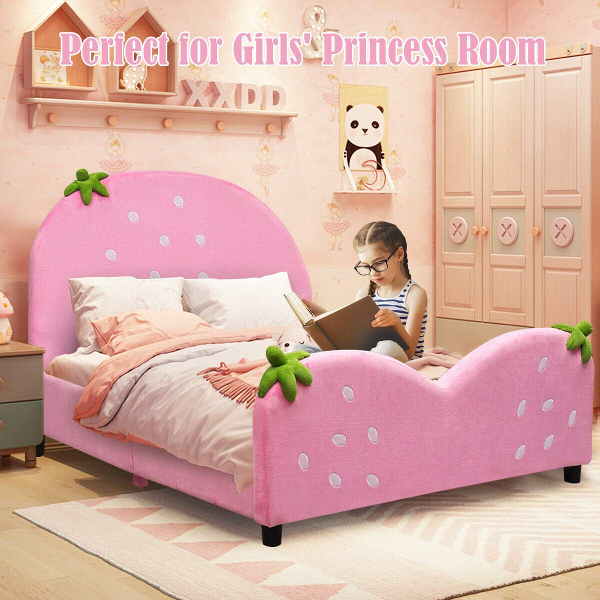 Costzon Kids Bed, Twin Size Upholstered Children Bed Frames w/Velvet Surface & Adjustable Feet