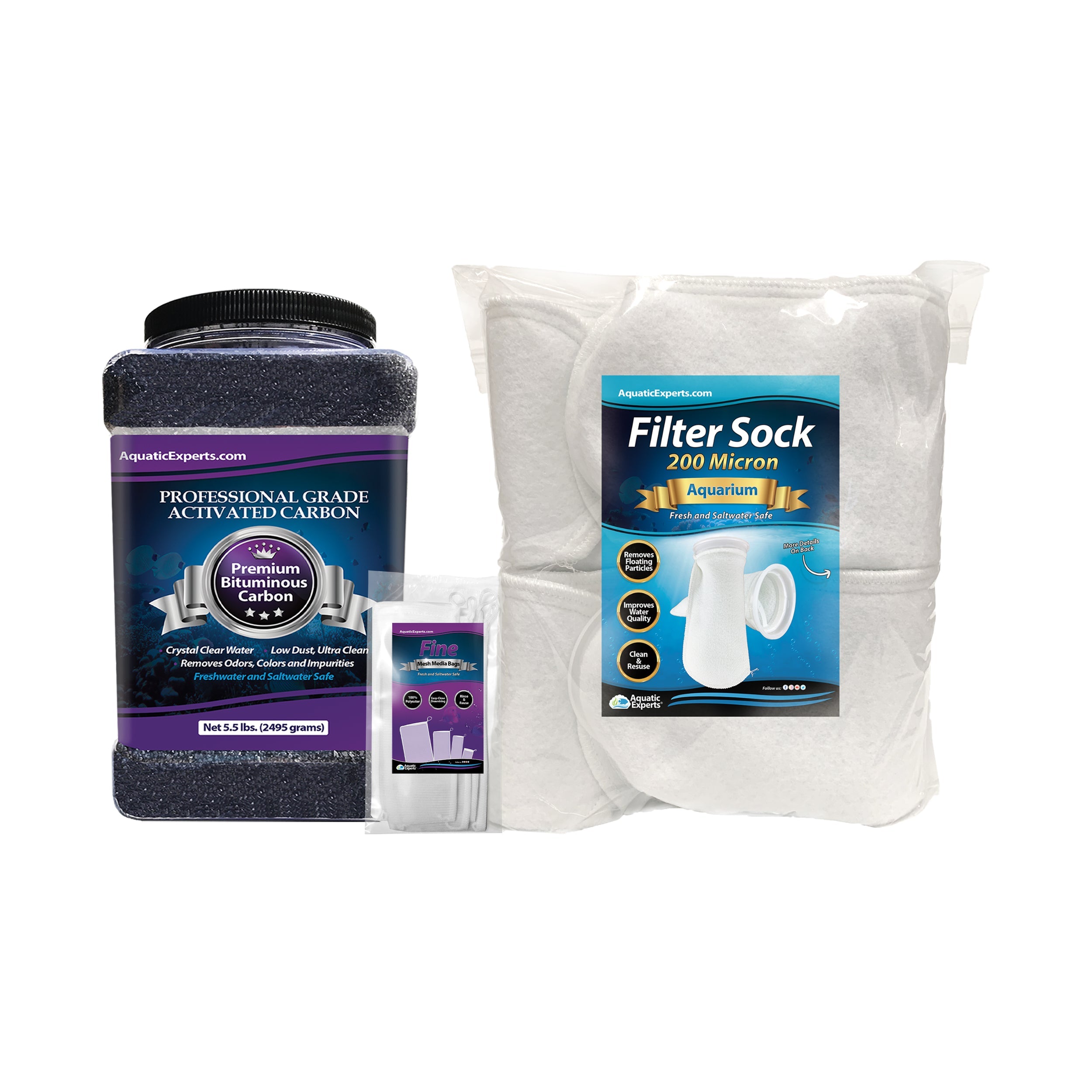 Aquatic Experts - 8 Pack 4" 200 Micron Long + Carbon 5.5 + 4 Pack Fine Mesh Bag 3"x8" Bundle