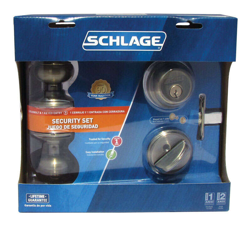 Schlage Georgian Antique Brass Knob and Single Cylinder Deadbolt 1-3/4 in.