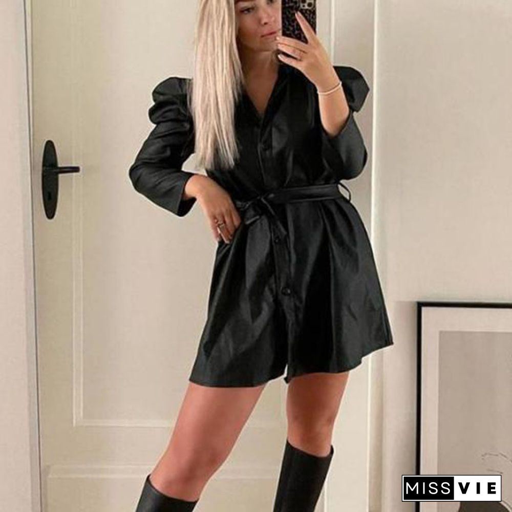 Winter Women Fashion PU Leather Dress Sashes Long Sleeve Short Dress Single-Breasted Casual Dress High Street Khaki Clothing New