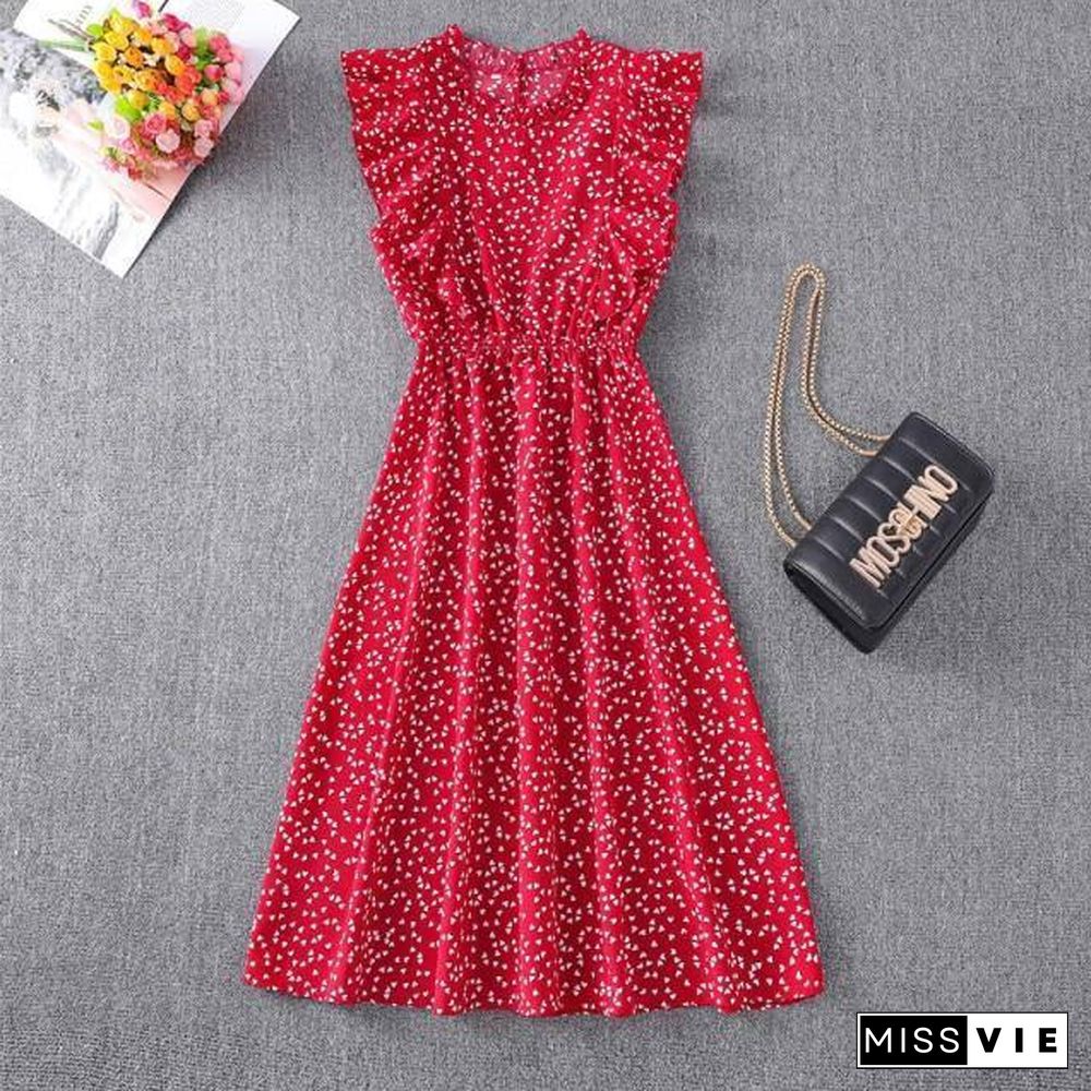 Chiffon Dress Women Elegant Summer Floral Print Ruffle A-line Sundress Casual Fitted Clothes To Knees Red Dresses For Women