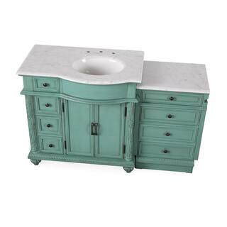 Silkroad Exclusive 55.5 in. W x 22 in. D x 36 in. H Freestanding Bath Vanity in Vintage Green with Carrara White Marble Top V0213NW56R