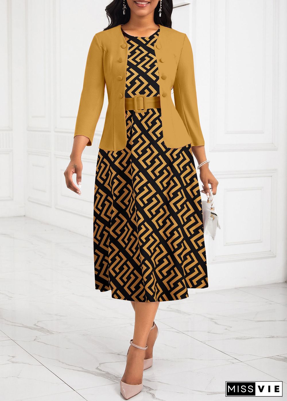 Geometric Print Two Piece Belted Ginger Round Neck Dress and Cardigan