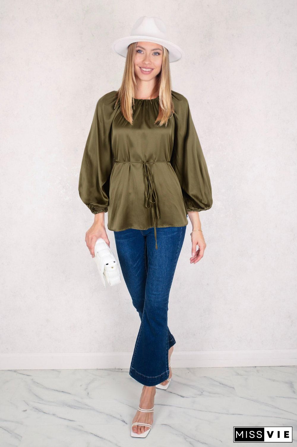 Tie-Waist Balloon Lantern Sleeve Boat Neck Blouse