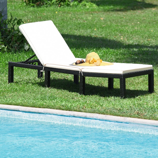 Costway Patio Rattan Lounge Chair Chaise Couch Cushioned Height Adjustable Pool Garden White