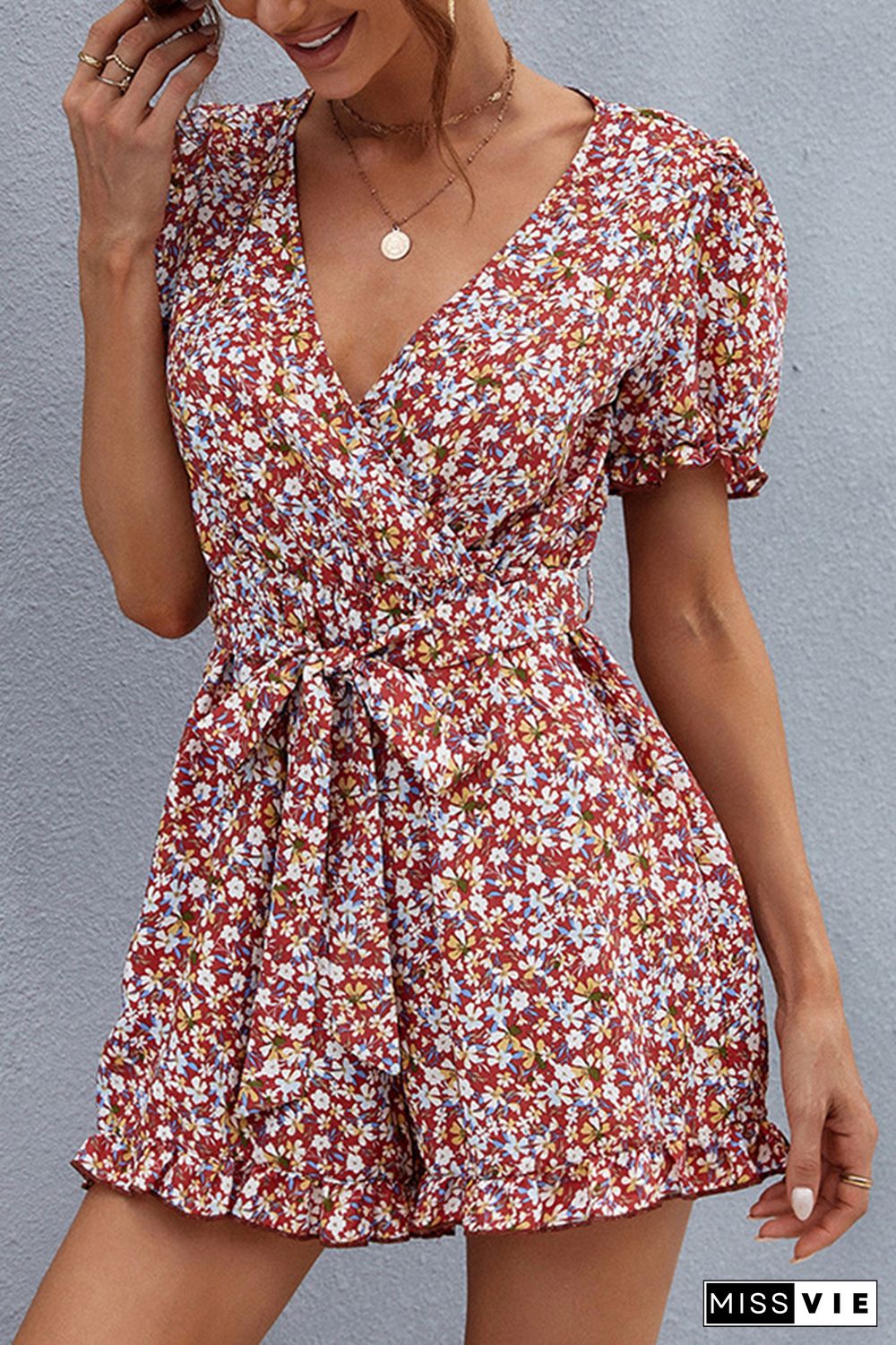 Floral Print V Neck Tie Waist Romper