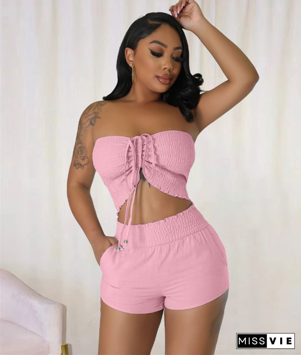 Solid Strapless Wrap Chest Crop Tops and Shorts Set