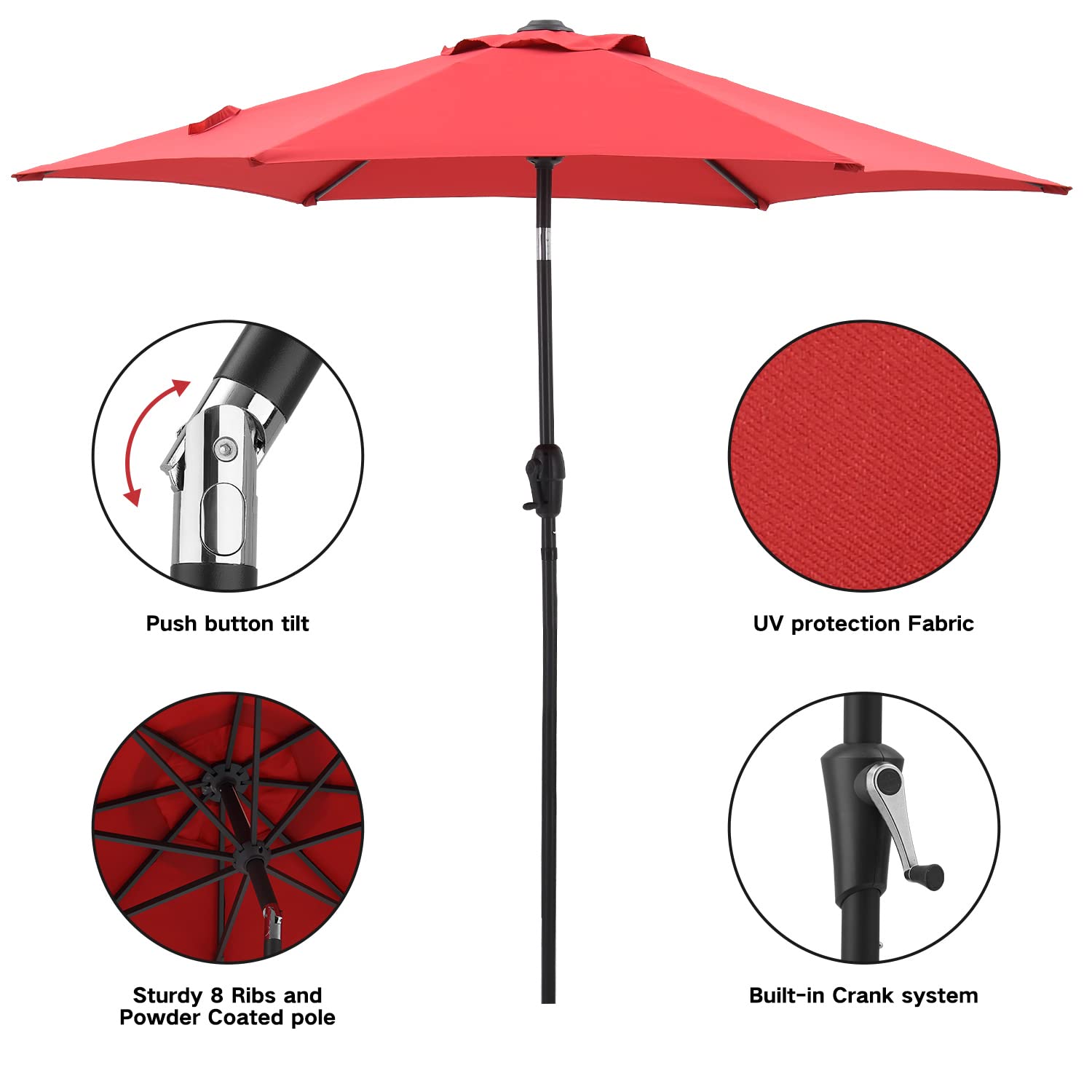 Essential Lounger 7.5ft Patio Umbrella Outdoor with 6 Sturdy Ribs, Waterproof & UV Resistant Patio Table Umbrella, Deck, Backyard& Pool, Red