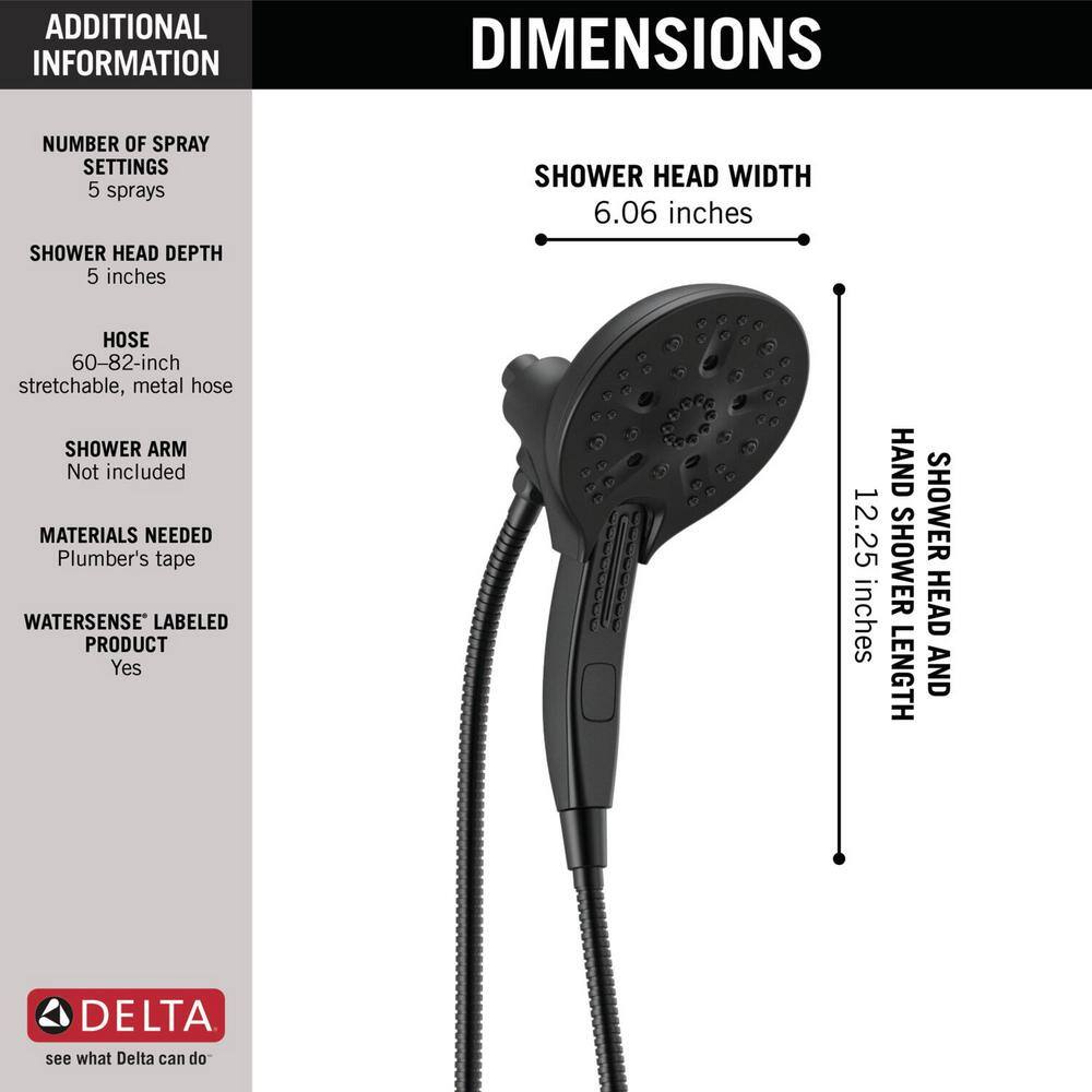 Delta In2ition 5-Spray Patterns 2.5 GPM 6.25 in. Wall Mount Dual Shower Heads in Matte Black 58620-BL25-PK