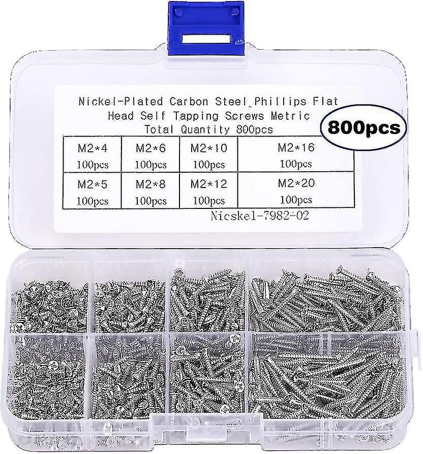 800pcs Small M2 Self-tapping Screws Assortment Kit， Countersunk Phillip