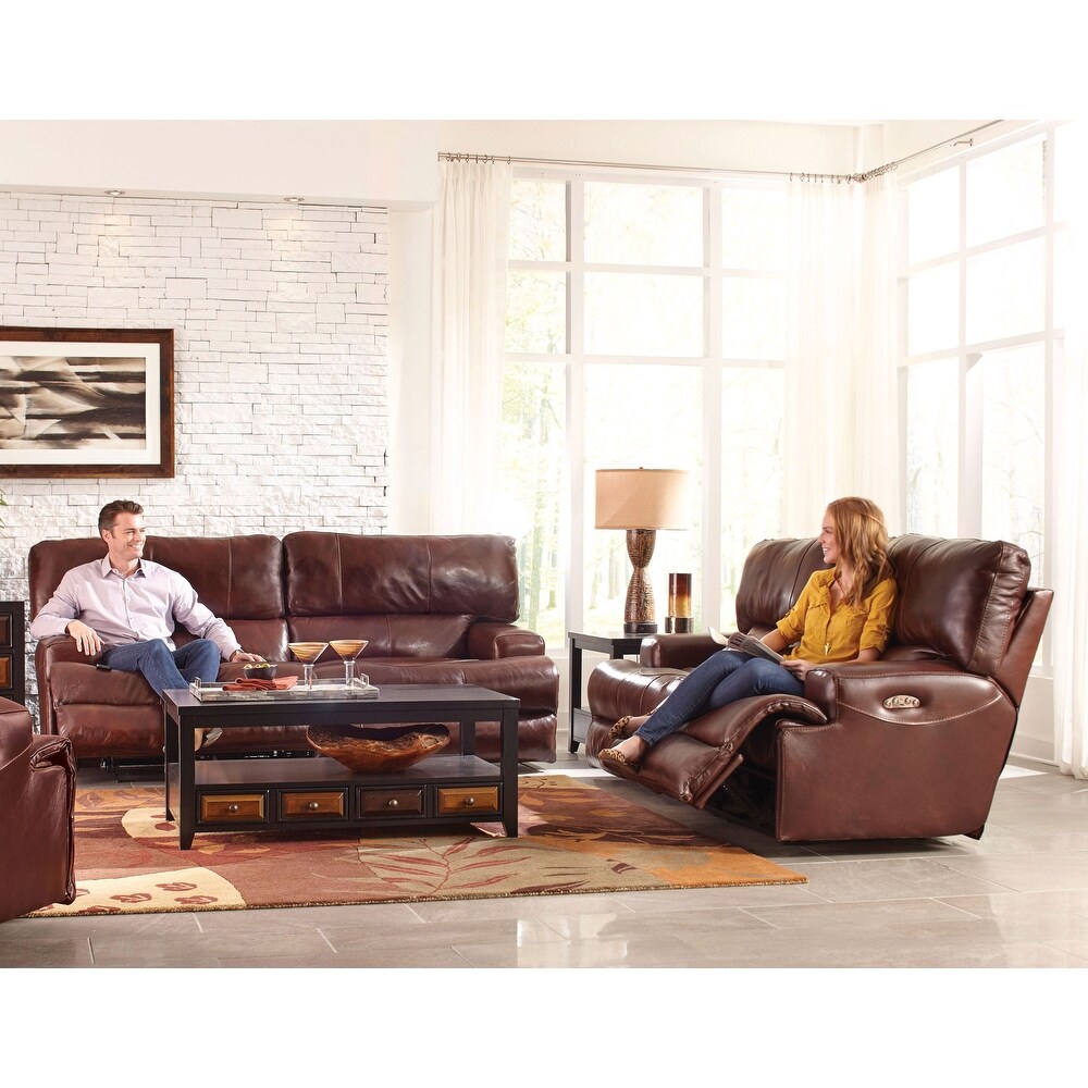 Wovington Walnut Leather Power Headrest/Lumbar Recliner Set