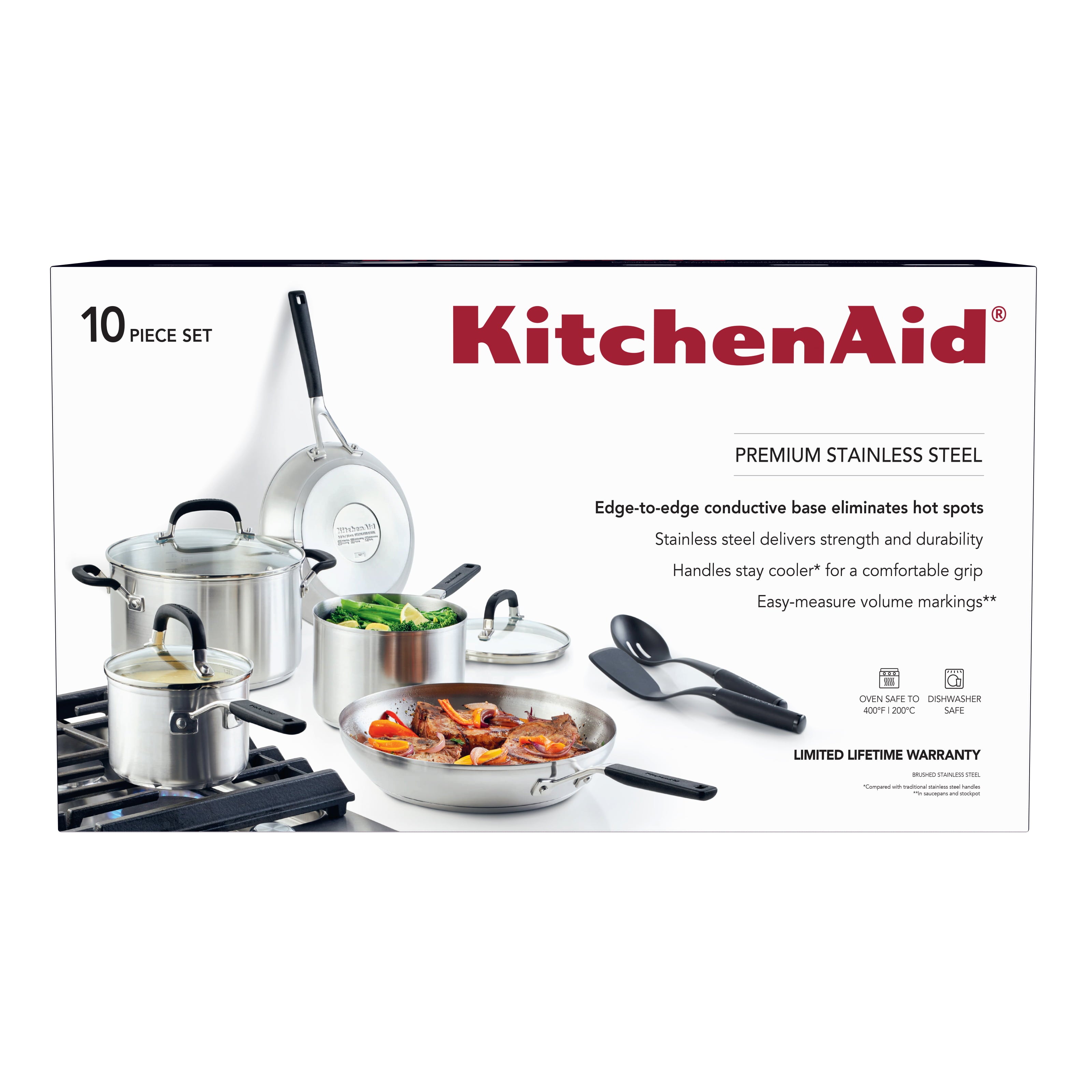 KitchenAid Stainless Steel Cookware Set, 10-Piece, Brushed Stainless Steel