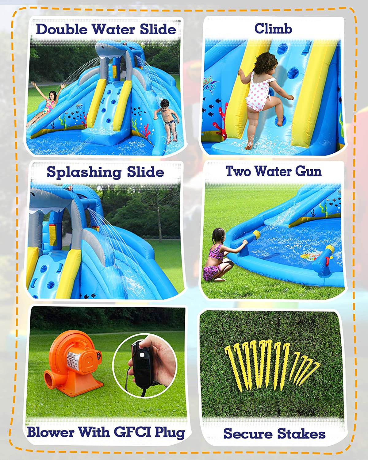 ACTION AIR Inflatable Water Slide, Double Waterslides Shark Theme Water Park, Bounce House for Wet and Dry, 2 Water Sprays with Huge Water Pool Backyard, Durable Sewn and Extra Thick