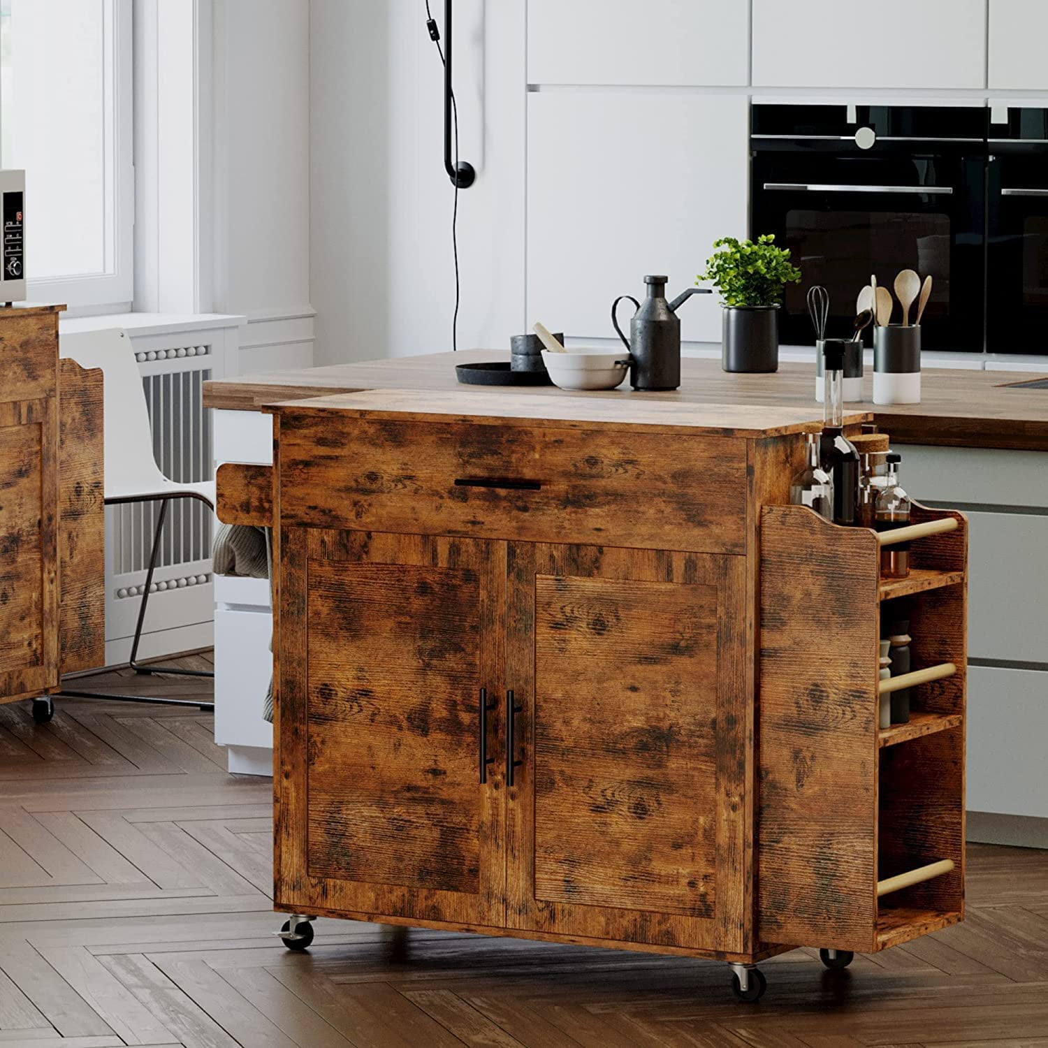 IRONCK Rolling Kitchen Island Cart on Wheels with Storage Cabinet， Drawer， 3 Spice Rack，Vintage Brown