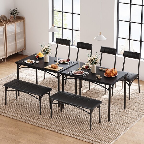 Dining Table Set for 4 with Upholstered Chairs and Bench