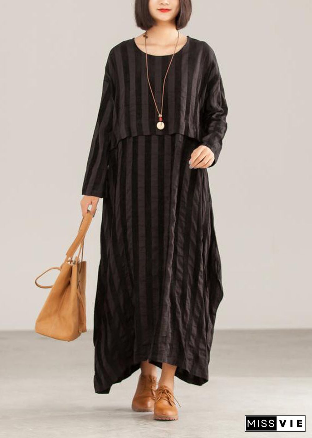 Loose cotton tunics for women Casual Striped Women Casual Loose O-neck Maxi Dress