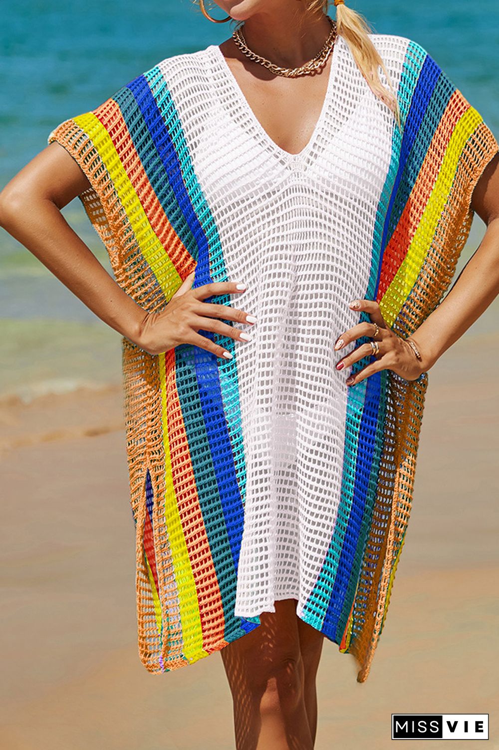 Rainbow Colorblock Splicing Beach Cover Up