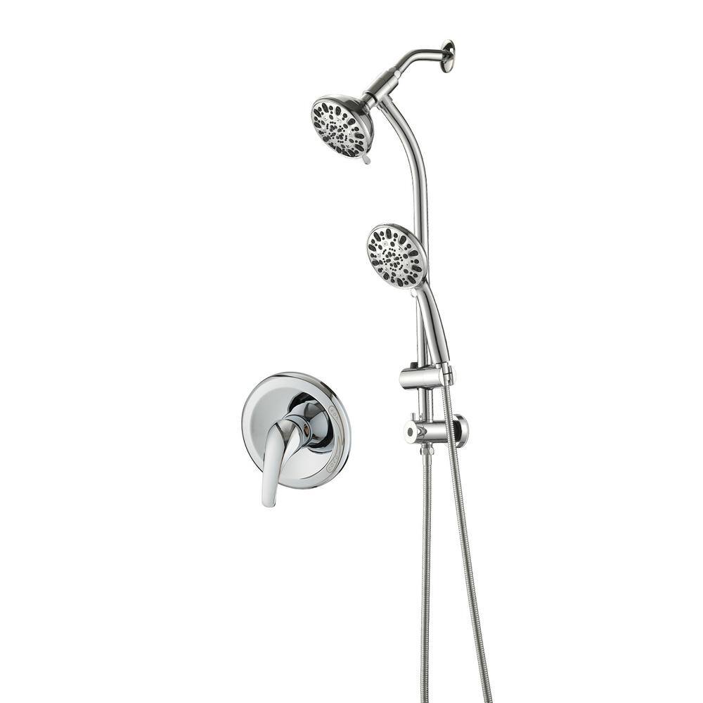 PROOX 7-Spray Patterns with 1.8 GPM 5 in. Wall Mount Dual Shower Heads with Drill Free Slide Bar and Valve in Chrome PRAE428CH