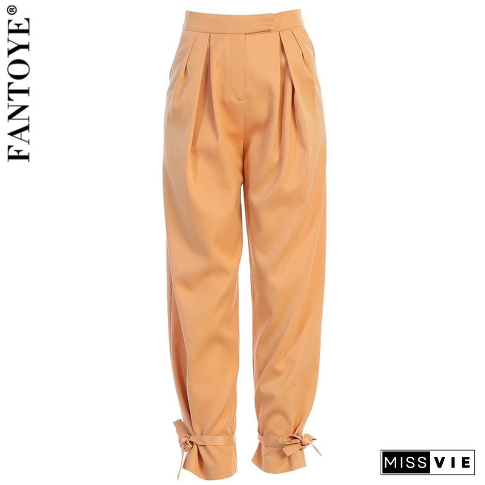 Fantoye Satin Lace Up High Waist Harem Pants Zipper Women Autumn Pleated Loose Pockets Long Trousers Casual Office Ladies Pant