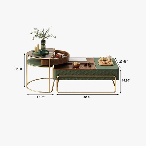 39.37'' Modern Lift-top Nesting Coffee Table Set with Drawer-- Green