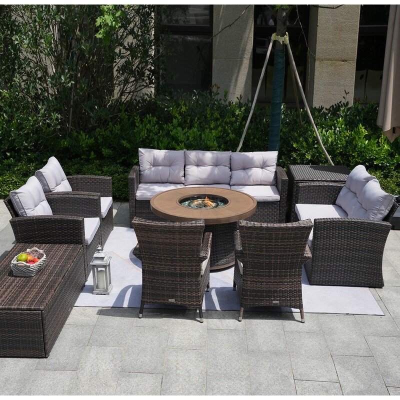 9 piece Patio Wicker Conversation Sofa Set with Firepit Table and Chairs