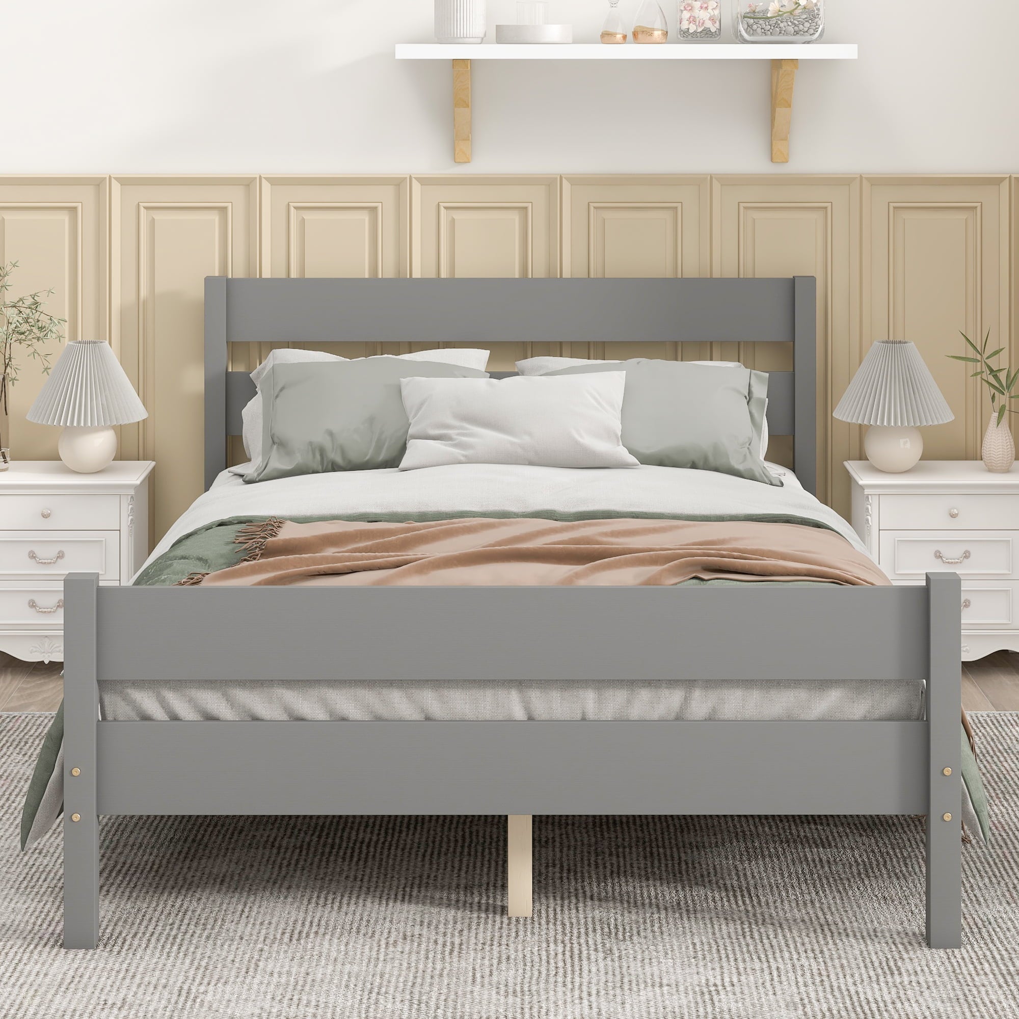 SYNGAR Gray Full Bed Frame with Headboard and Footboard, Modern Wood Bed Single Bed for Kids Adults, No Box Spring Needed Panel Bed, Wood Slat Support Mattress Foundation