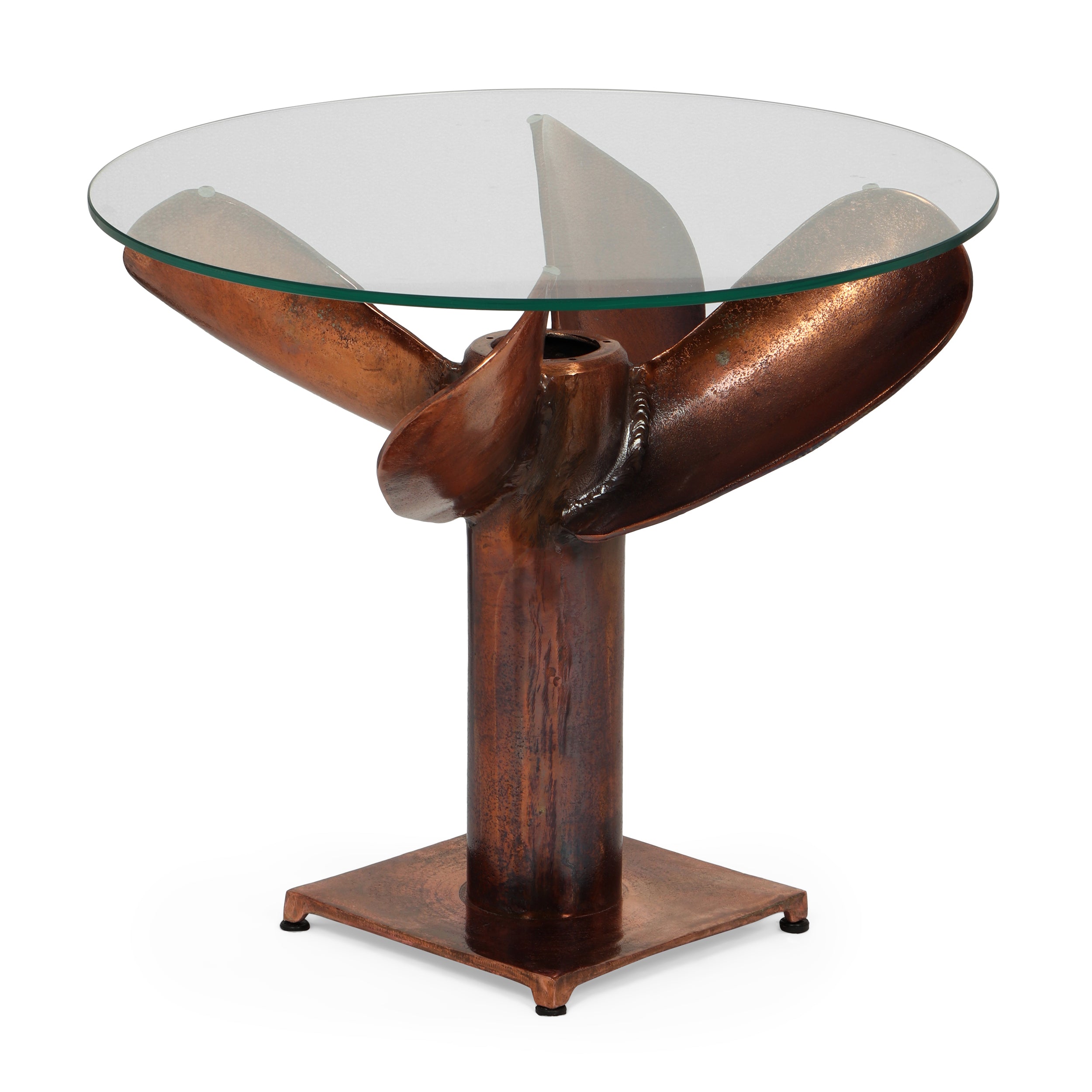 Pondera Boho Glam Handcrafted Aluminum Glass Top Propeller Side Table, Burnt Copper