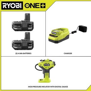 RYOBI ONE+ 18V Lithium-Ion 4.0 Ah Compact Battery (2-Pack) and Charger Kit with Free Cordless High Pressure Inflator PSK006-P737D