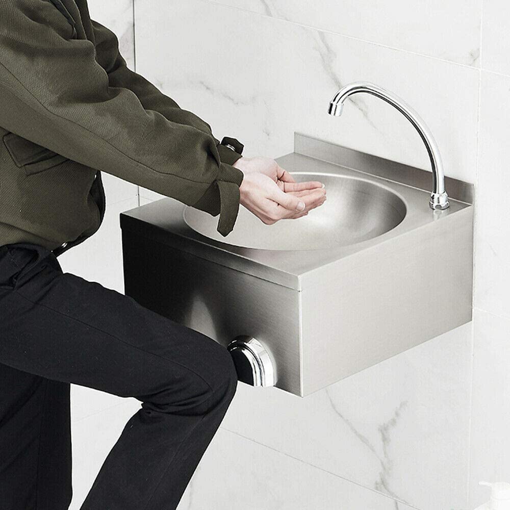 TFCFL Hand Wash Basin Stainless Steel Sink Wall Mount Knee-Operated Washing Basin with Faucet for Commercial and Home