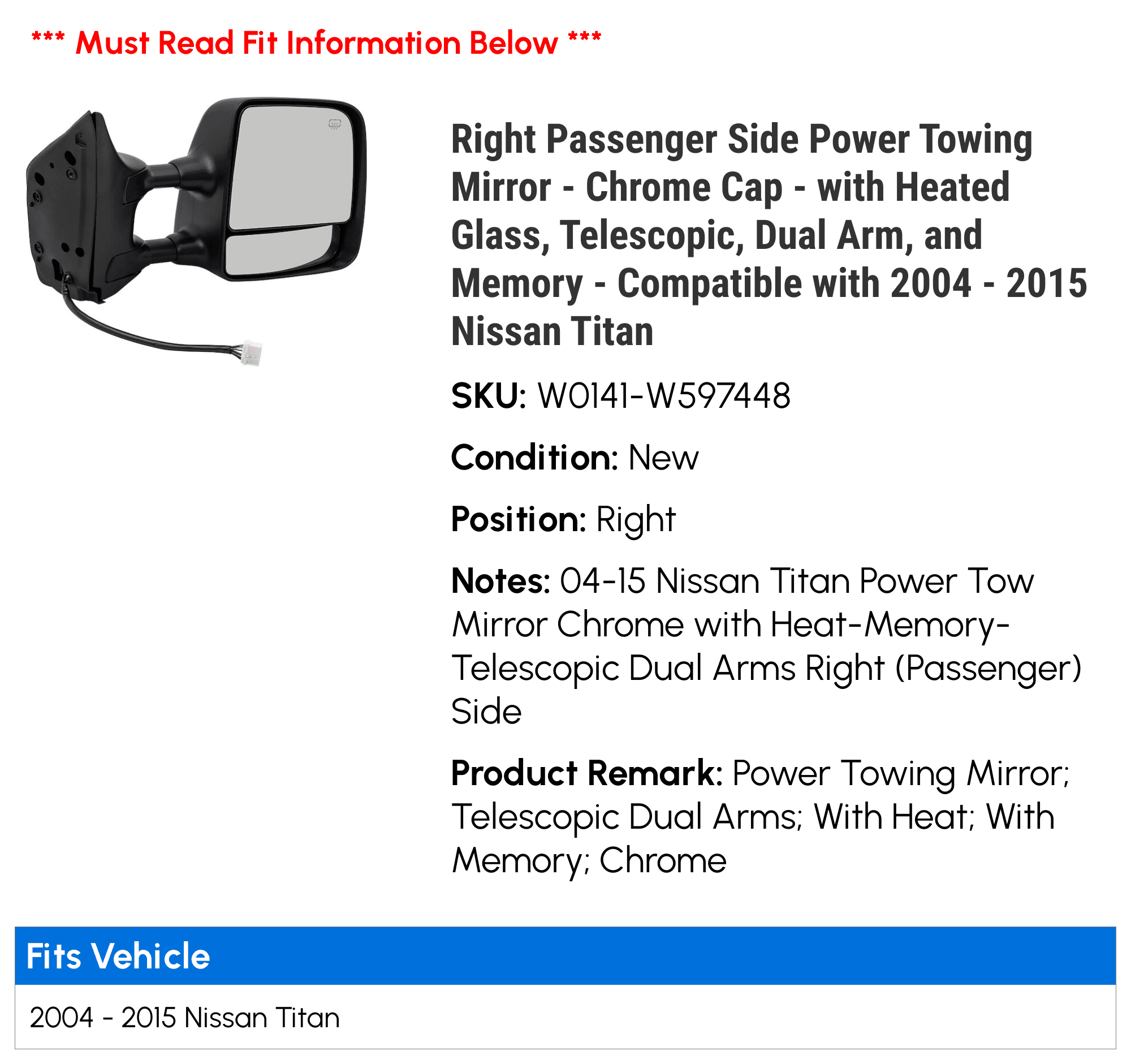 Right Passenger Side Power Towing Mirror - Chrome Cap - with Heated Glass， Telescopic， Dual Arm， and Memory - Compatible with 2004 - 2015 Nissan Titan 2005 2007 2008 2010 2011 2012 2013 2014