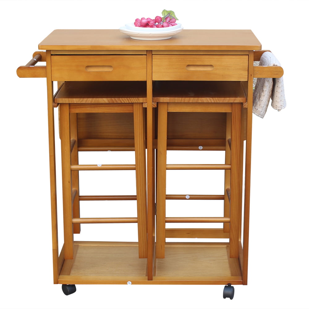 Kitchen Island with Stools， Folding Kitchen Island Trolley Cart， Rolling Cart with Drawers， Portable Breakfast Bar， Drop Leaf Dining Table Set for Dining Room， Bistro， Hotel， Patio， Brown， W4259