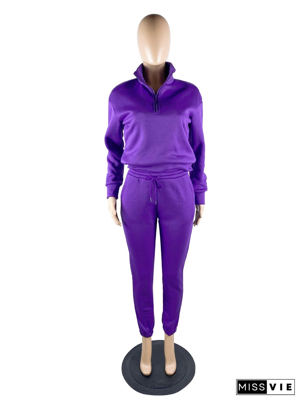 Zipper Stand Collar Pullovers Top Joggers Pants Suit