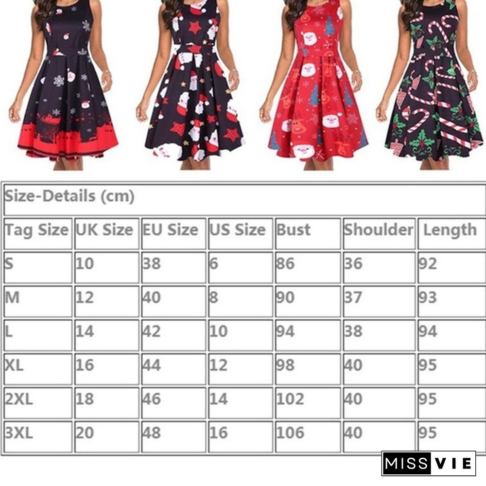 Christmas Dresses for Women Sleeveless Cocktail A-Line Xmas Santa Claus Snowflake Christmas Party Dress Retro Vintage Style Cocktail Party Swing Dresses